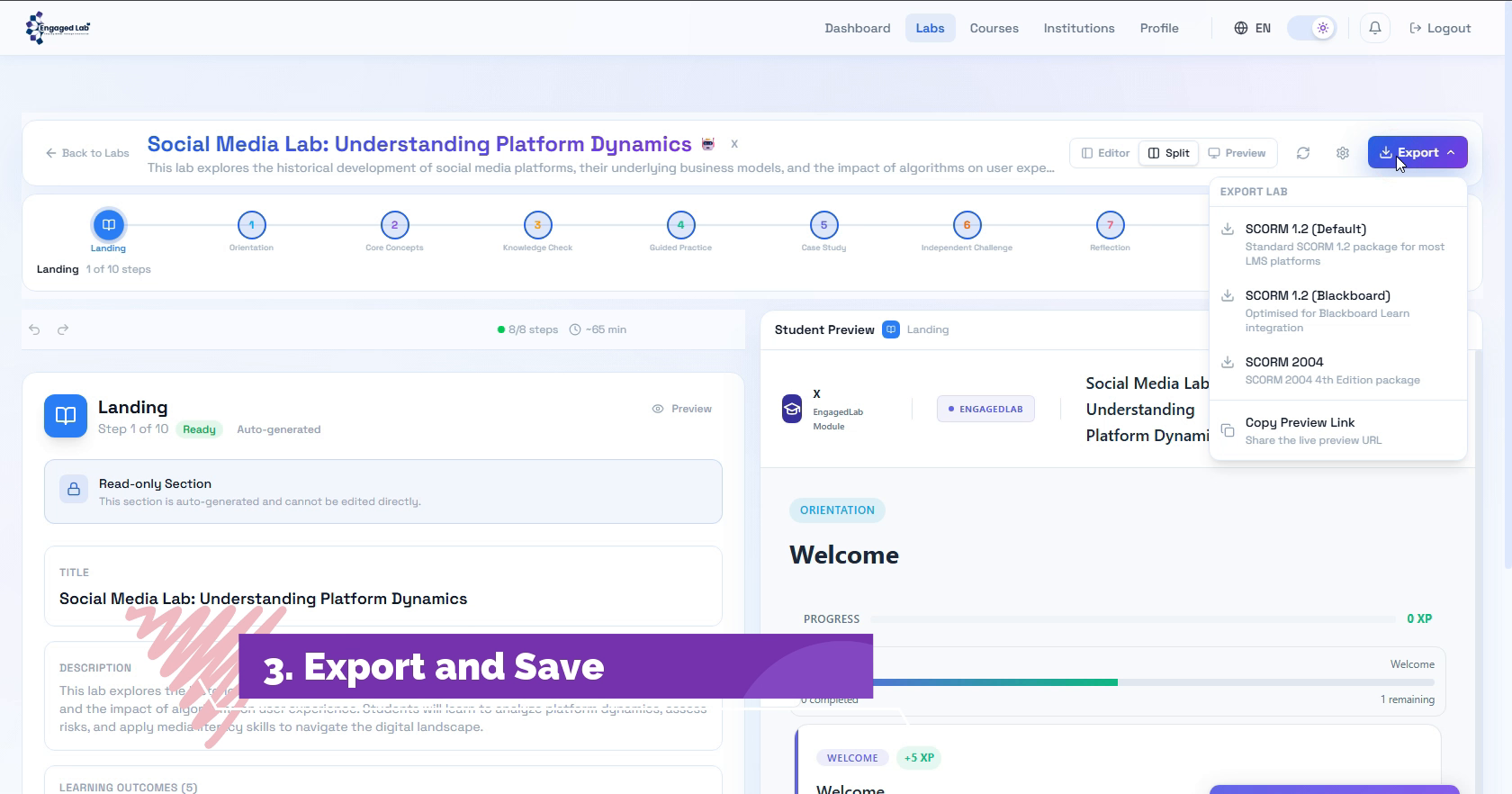 EngagedLab editor showing interactive lab structure and export options